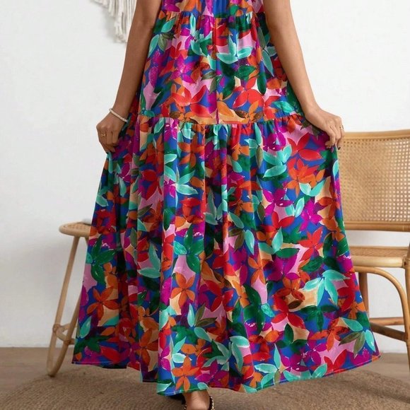 Multicolor Allover Floral Print Split Thigh Cami Dress travel summer vacay - Picture 4 of 5